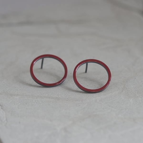 Dark Red Enamel Open Circle Sterling Silver Stud Earrings