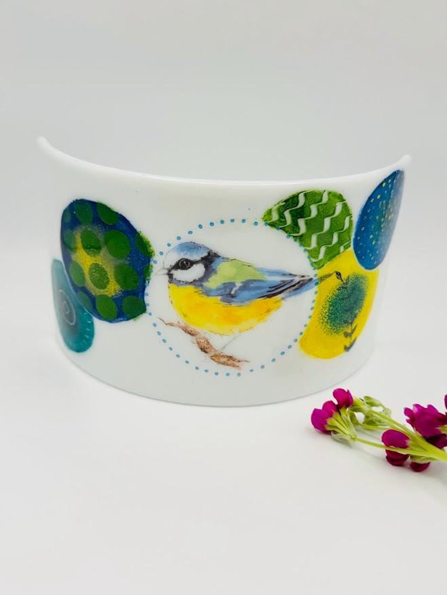 Abstract Fused Glass Curve Panel featuring Blue Tit