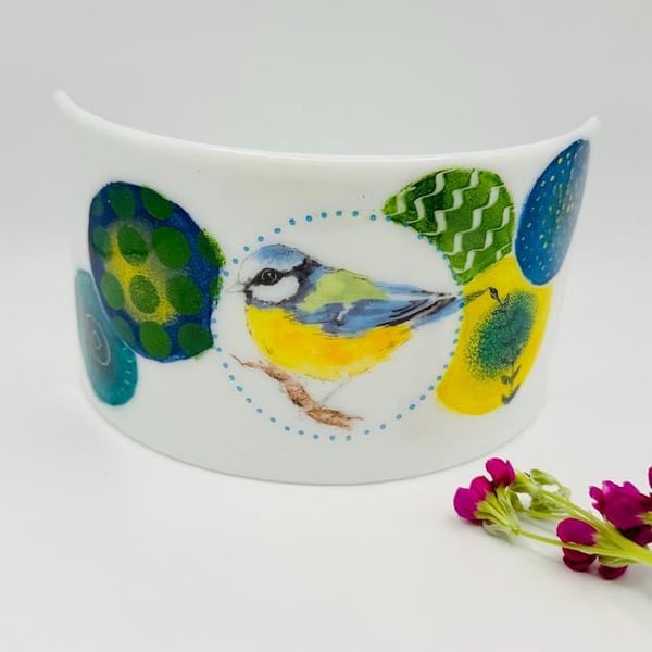Abstract Fused Glass Curve Panel featuring Blue Tit