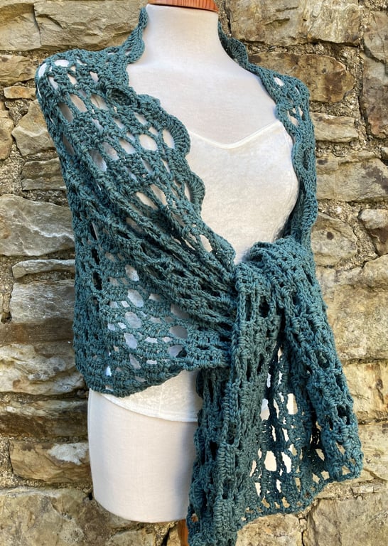 Handmade Amelia Rectangular Lace scarf wrap shawl in dark sage green soft cotton