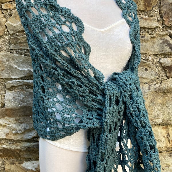 Handmade Amelia Rectangular Lace scarf wrap shawl in dark sage green soft cotton