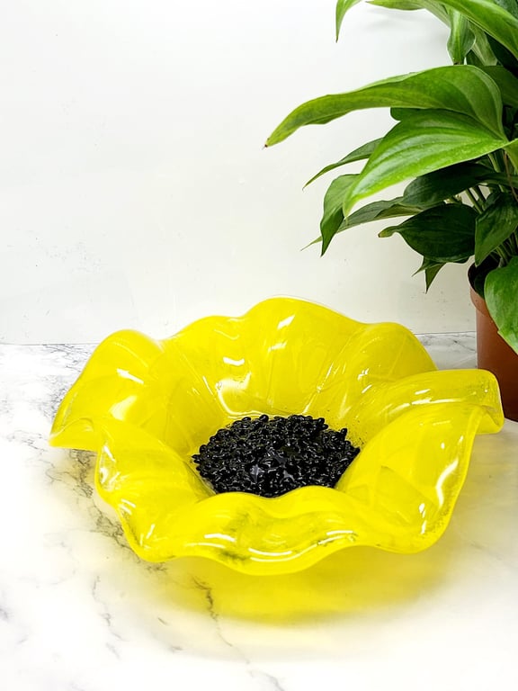 Handcrafted Fused Glass Floral Sunflower Bowl in Bright Yellow and Black Centre