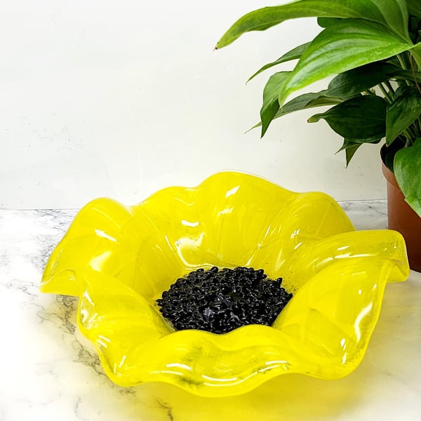 Handcrafted Fused Glass Floral Sunflower Bowl in Bright Yellow and Black Centre