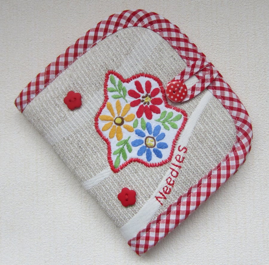 Vintage Embroidered Red Floral Sewing Needle Case