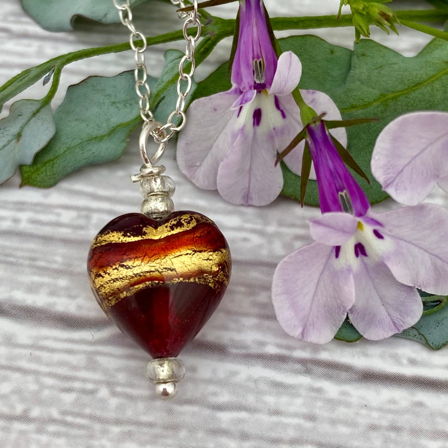 Bronze and gold Heart Necklace. Venetian Murano Glass Heart Pendant