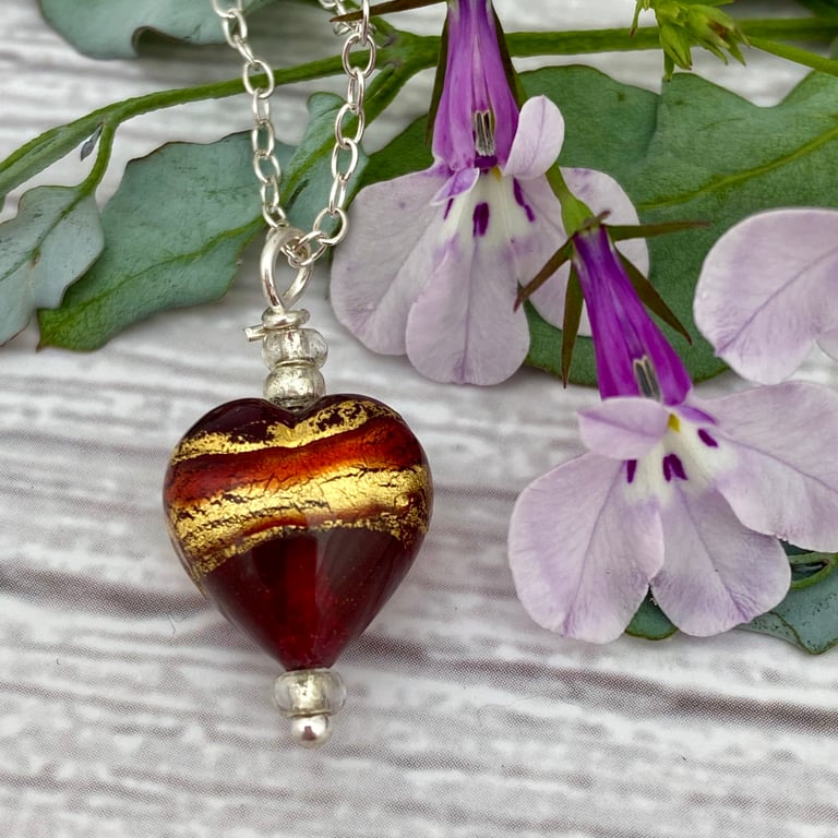 Bronze and gold Heart Necklace. Venetian Murano Glass Heart Pendant