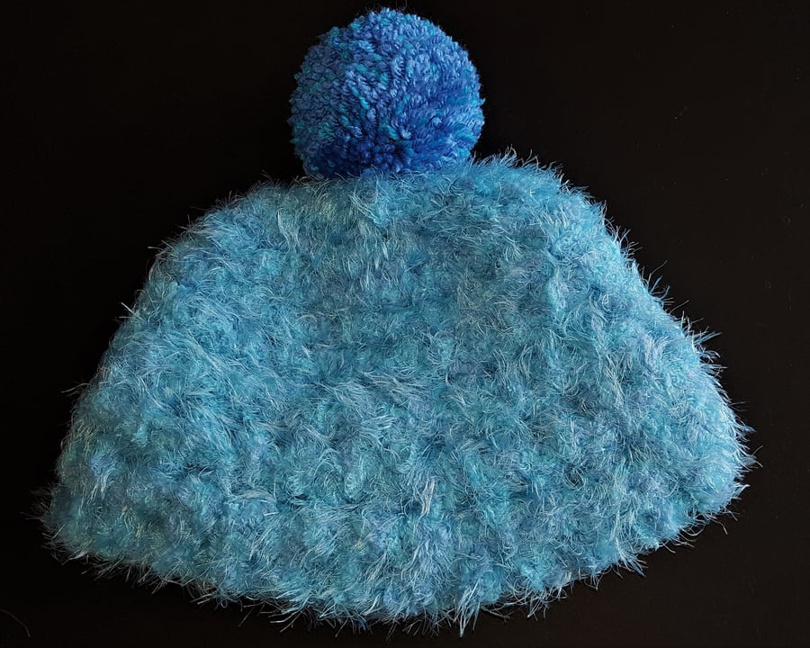 Turquoise and Light Blue Chunky Crochet Bobble Hat