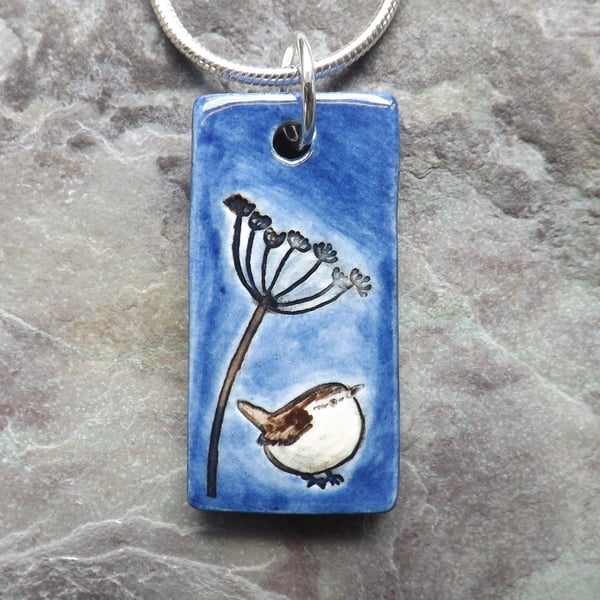 Handmade Ceramic Wren under Cow Parsley pendant in blue and brown