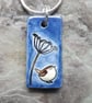 Handmade Ceramic Wren under Cow Parsley pendant in blue and brown