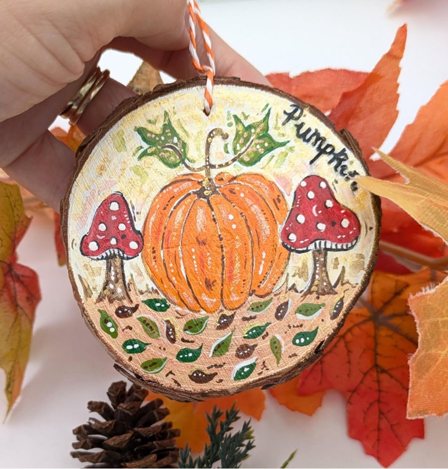 Pumpkin hand-painted log slice decoration