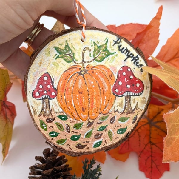 Pumpkin hand-painted log slice decoration