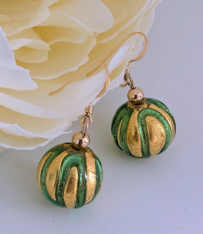 Green and Gold Murano Glass Earrings, Gold-Filled Beads and Earwires