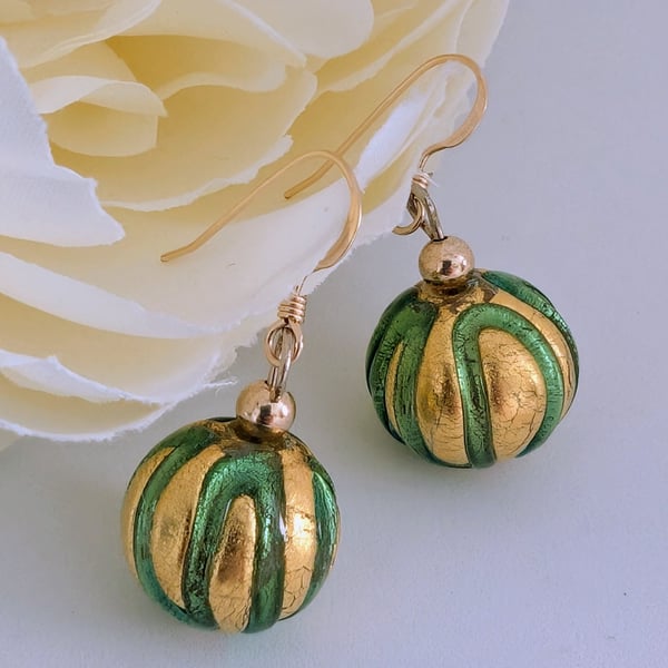Green and Gold Murano Glass Earrings, Gold-Filled Beads and Earwires
