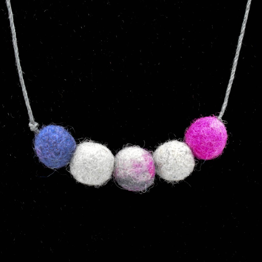 Felted bead necklace in grey, blue and pink wool