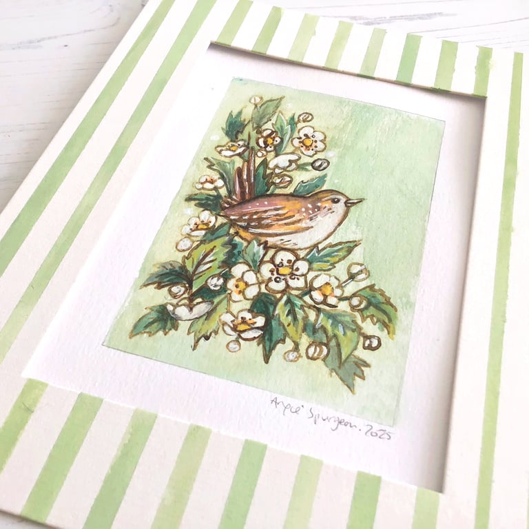 Original Painting of Wren and Hawthorn Blossom, Watercolour and Ink