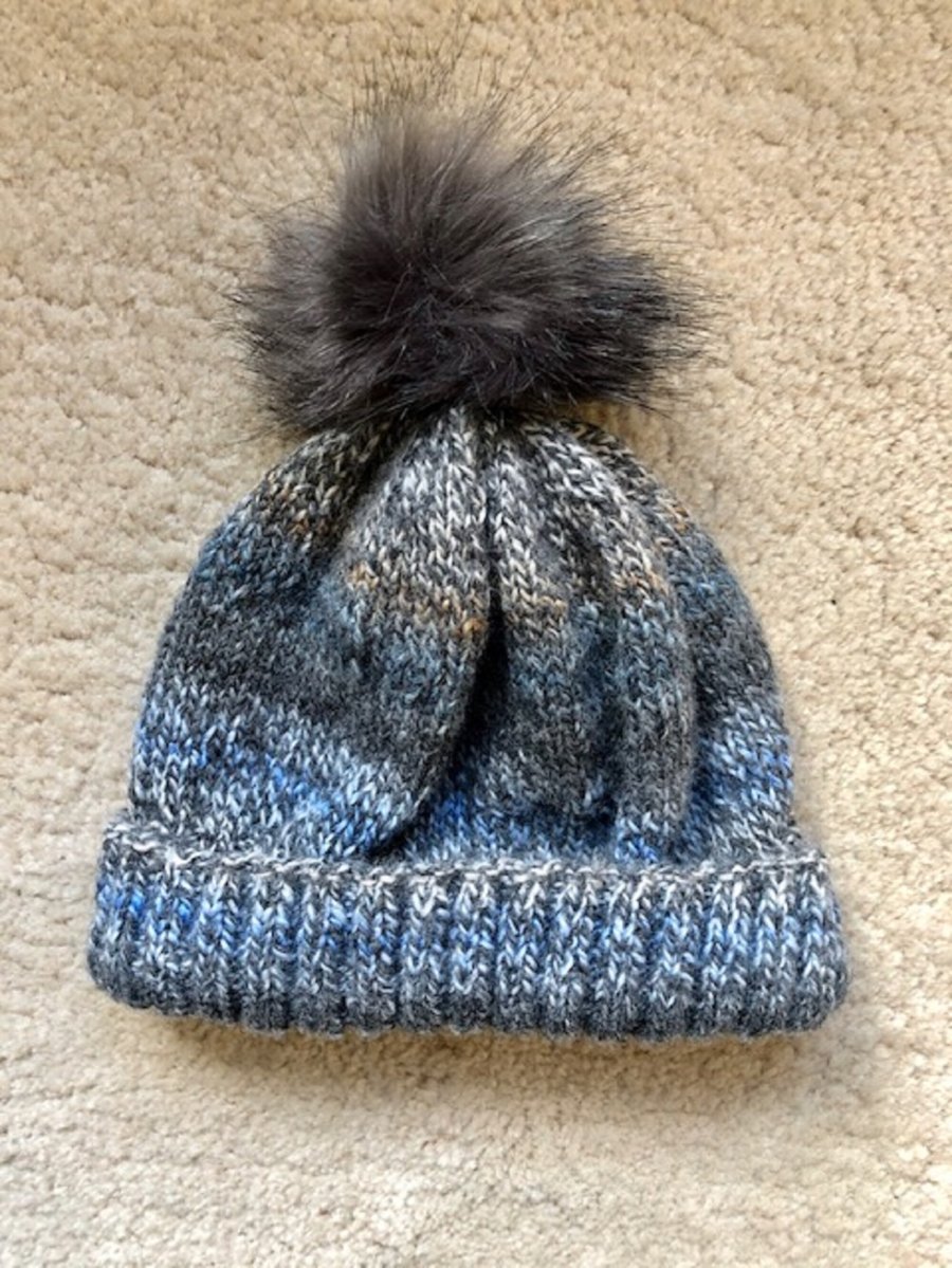 Hand Knitted Hat Blue Grey colour Hat 19 medium