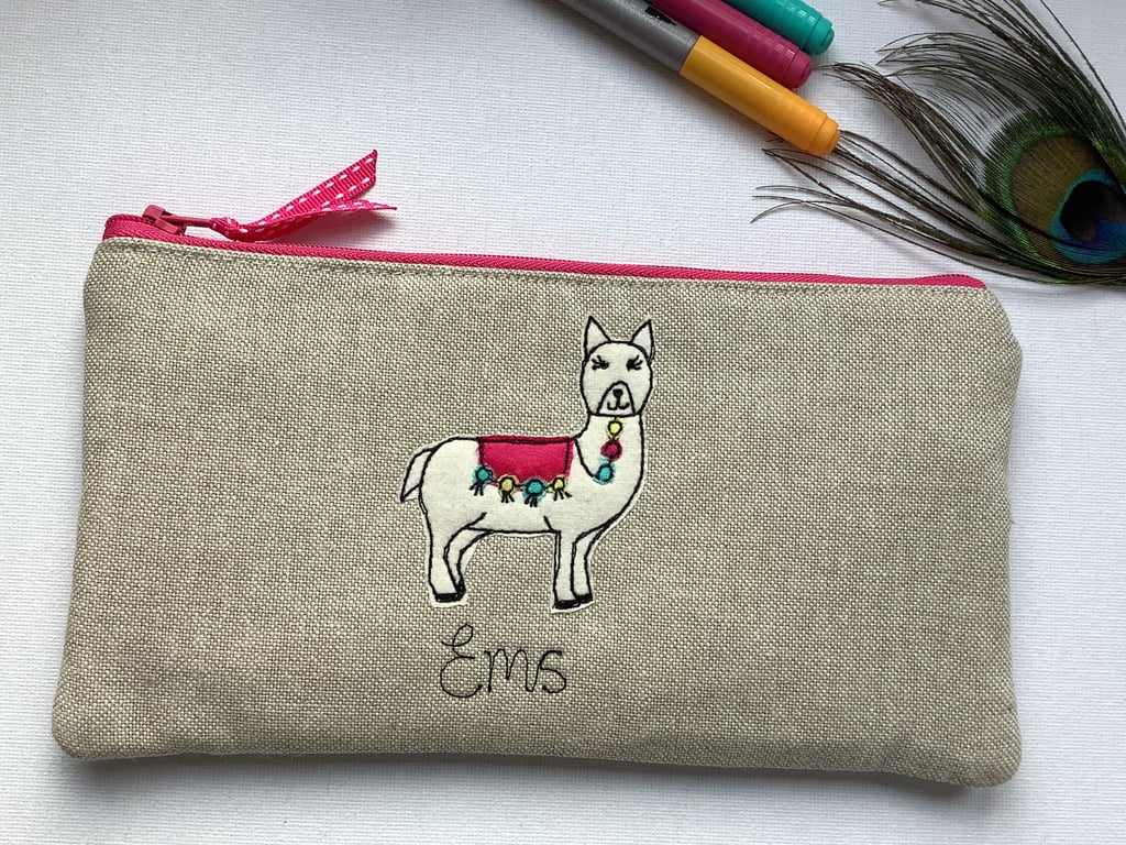Personalised Alpaca Llama Cosmetic Bag -Oatmeal Linen Makeup Pouch