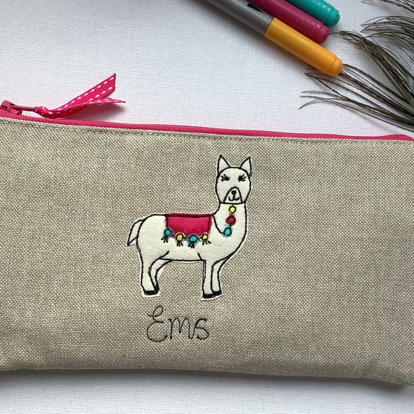 Personalised Alpaca Llama Cosmetic Bag -Oatmeal Linen Makeup Pouch