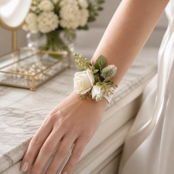 Ivory Rose Wrist Corsage - Artificial Wedding Flower Bracelet, Thistle Accents