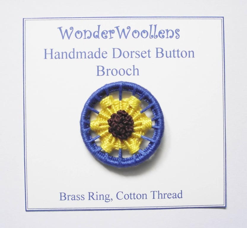 Sunflower Dorset Button Brooch, Yellow, Brown, Blue, 3.6cm, Handmade 