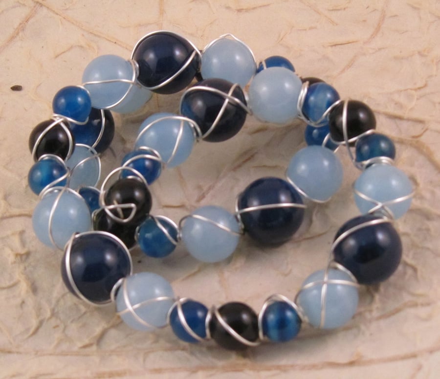 Dark Blue & Light Blue Agate with Blue Quartz Wire Wrapped Memory Wire Bracelet