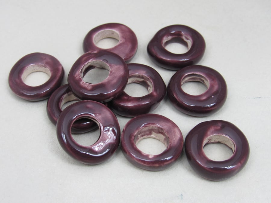 10 Medium Aubergine Purple Glazed Ceramic Donut Beads