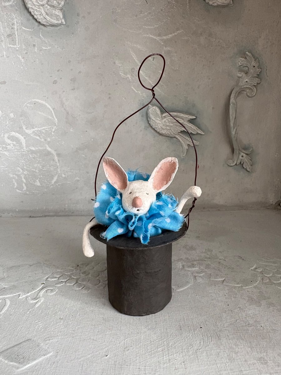 Paper mache hanging white bunny in top hat ornament