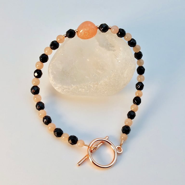 Sunstone & Onyx Gemstone Beaded Bracelet, Birthday, Anniversary, Gifts For Her