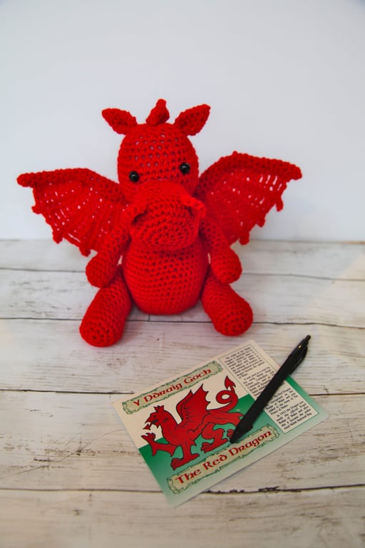 Welsh cuddly crochet dragon, soft stuffed knitted toy, stuffies, plushies, plush
