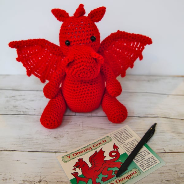 Welsh cuddly crochet dragon, soft stuffed knitted toy, stuffies, plushies, plush