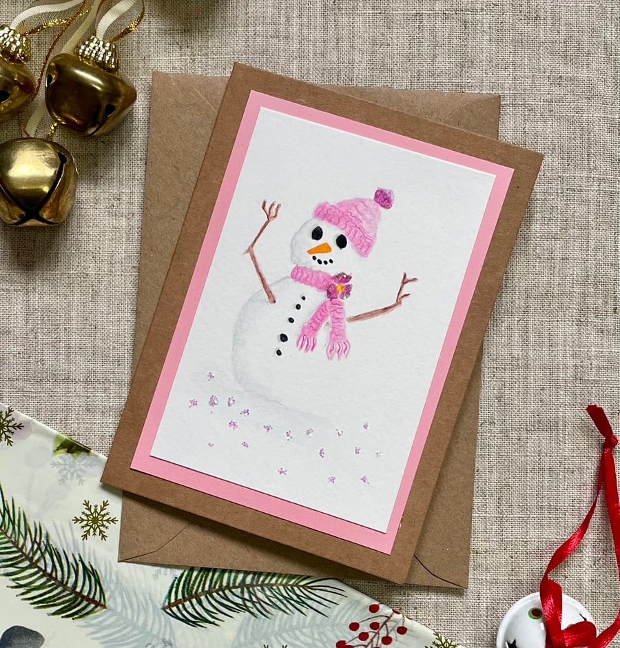 Christmas card, hand painted original, snowman with added sparkle