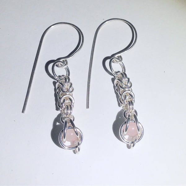 Sterling Silver and Rose Quartz Byzantine Earrings (ERGSDGPK3) - UK Free Post