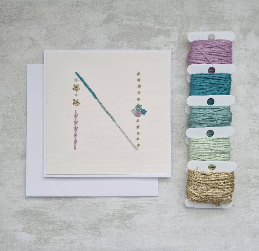 Letter N Embroidered Card, Personalised Bridesmaid Card, Birthday Keepsake Card