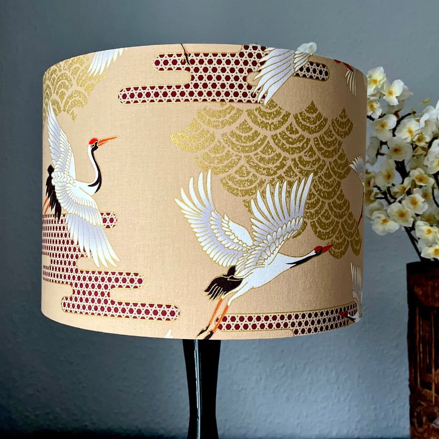 Japanese Crane Lampshade, Beige, Metallic Gold