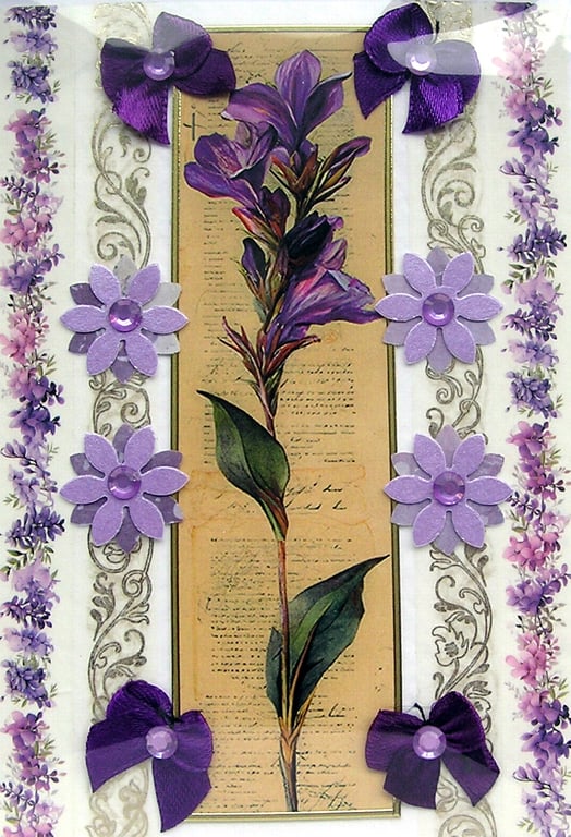 Purple Flower Blooms - Hand Crafted Decoupage Greeting Card - Blank 3268