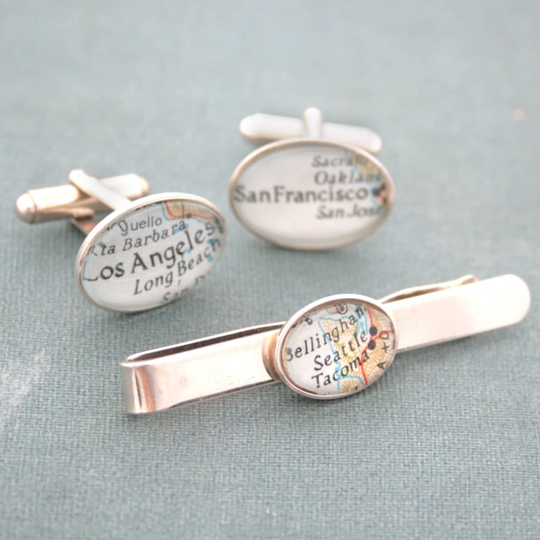 Sterling Silver Tie Bar and Cufflinks Personalised with Your Map Destination