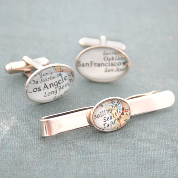 Sterling Silver Tie Bar and Cufflinks Personalised with Your Map Destination