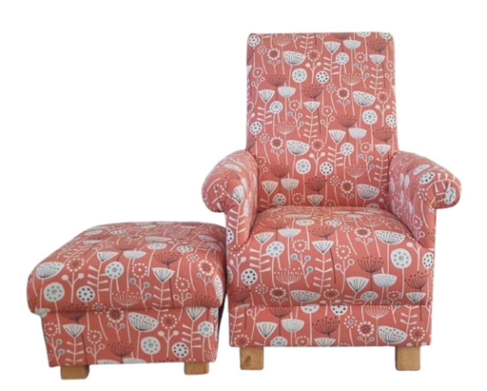 Fryetts Bergen Burnt Orange Floral Fabric Chair & Footstool Adult Armchair 