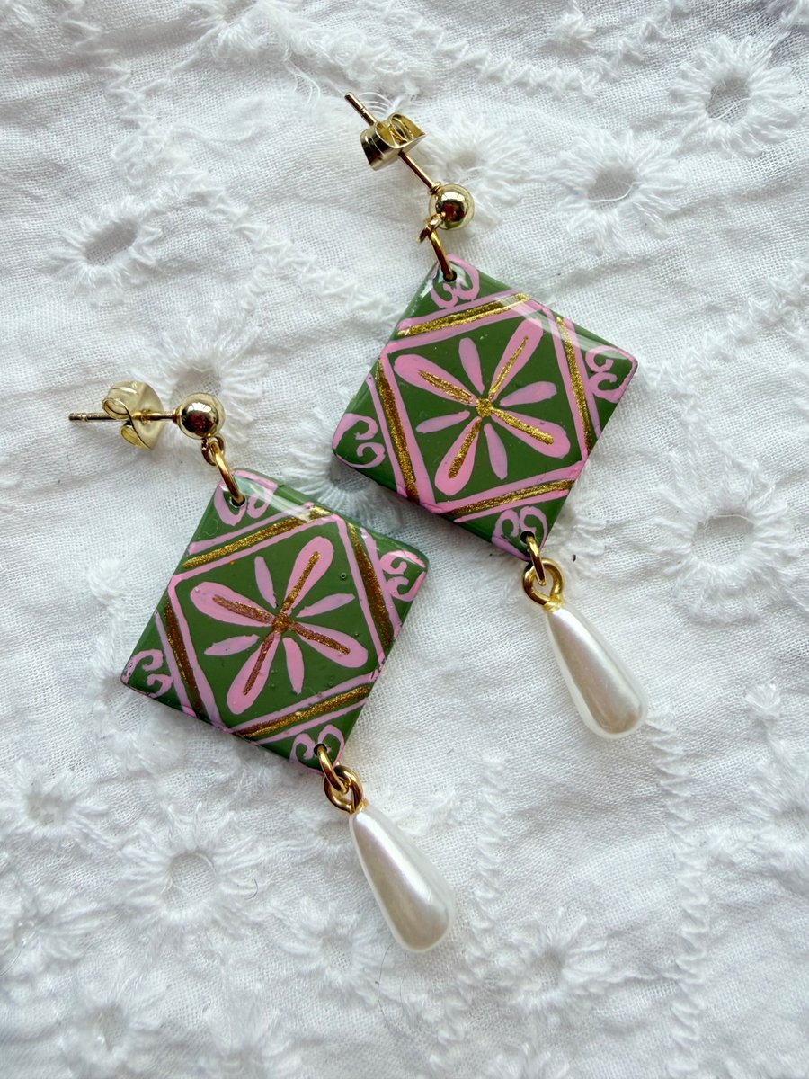 Pink & Olive Green Tile Pearl Drop Earrings