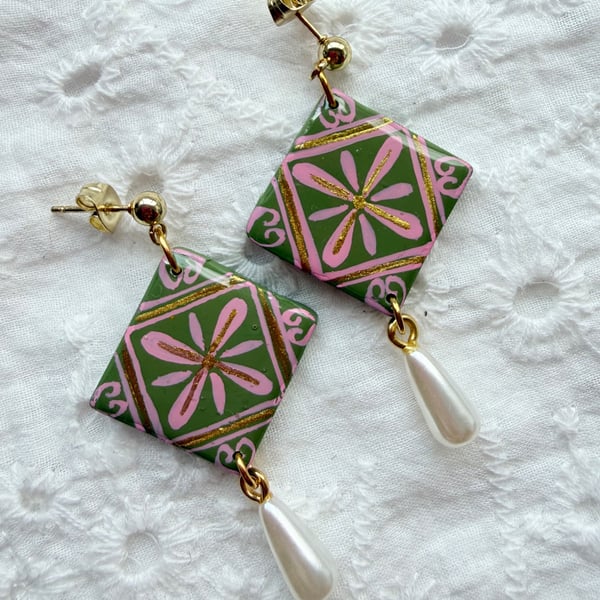 Pink & Olive Green Tile Pearl Drop Earrings
