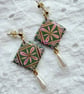 Pink & Olive Green Tile Pearl Drop Earrings