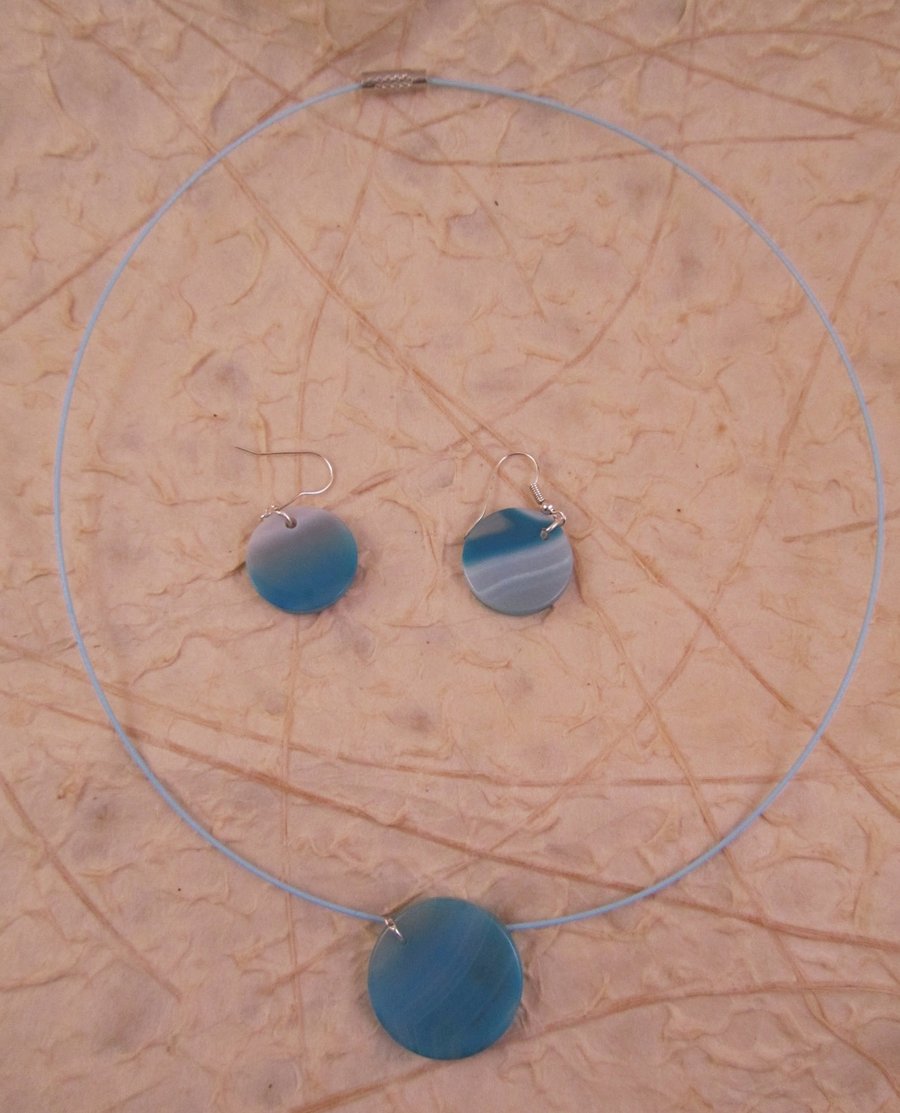 Round Blue Striped Agate Necklace and Earring Set