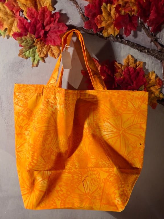 Handmade Box Base Tote Bag in Mango Yellow and Orange Butterfly Melody Cotton 
