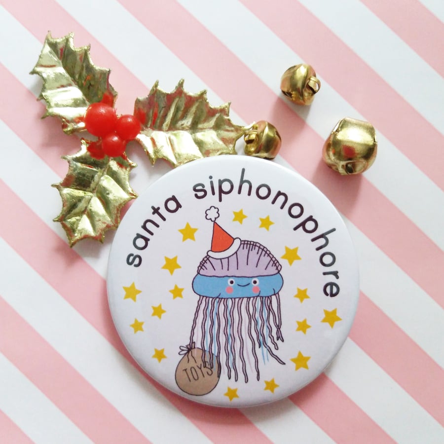 santa siphonophore christmas badge, handmade christmas pin badge