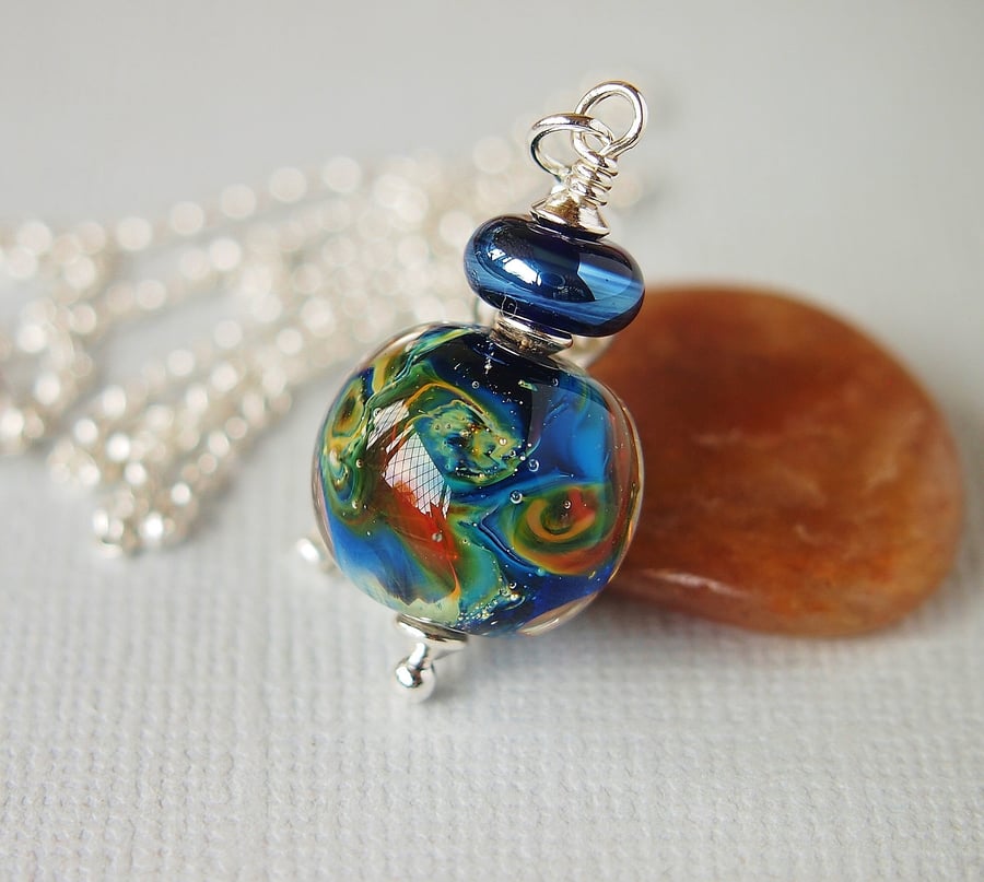 Blue Lampwork Glass Pendant Sterling Silver with Chain