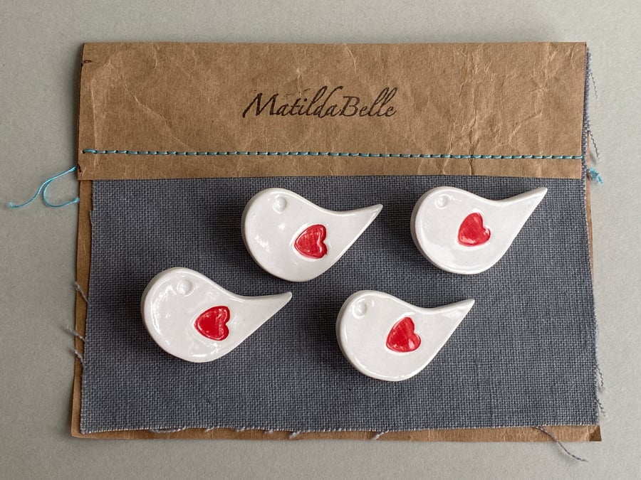 Buttons handmade ceramic set of four Bird Buttons white and red