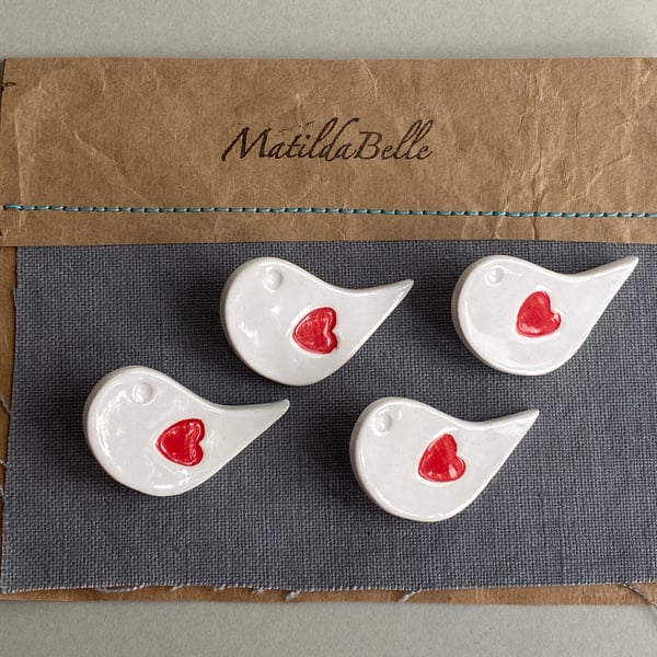 Buttons handmade ceramic set of four Bird Buttons white and red