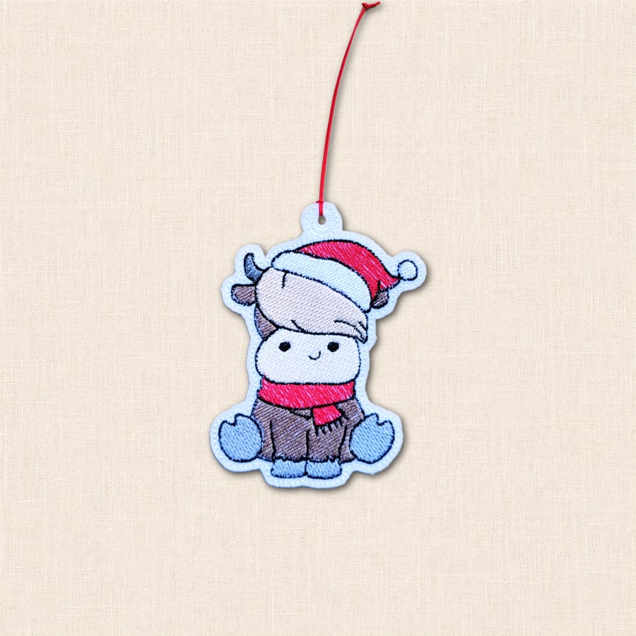 Sitting Highland Cow Christmas Decoration - Embroidered Felt Ornament