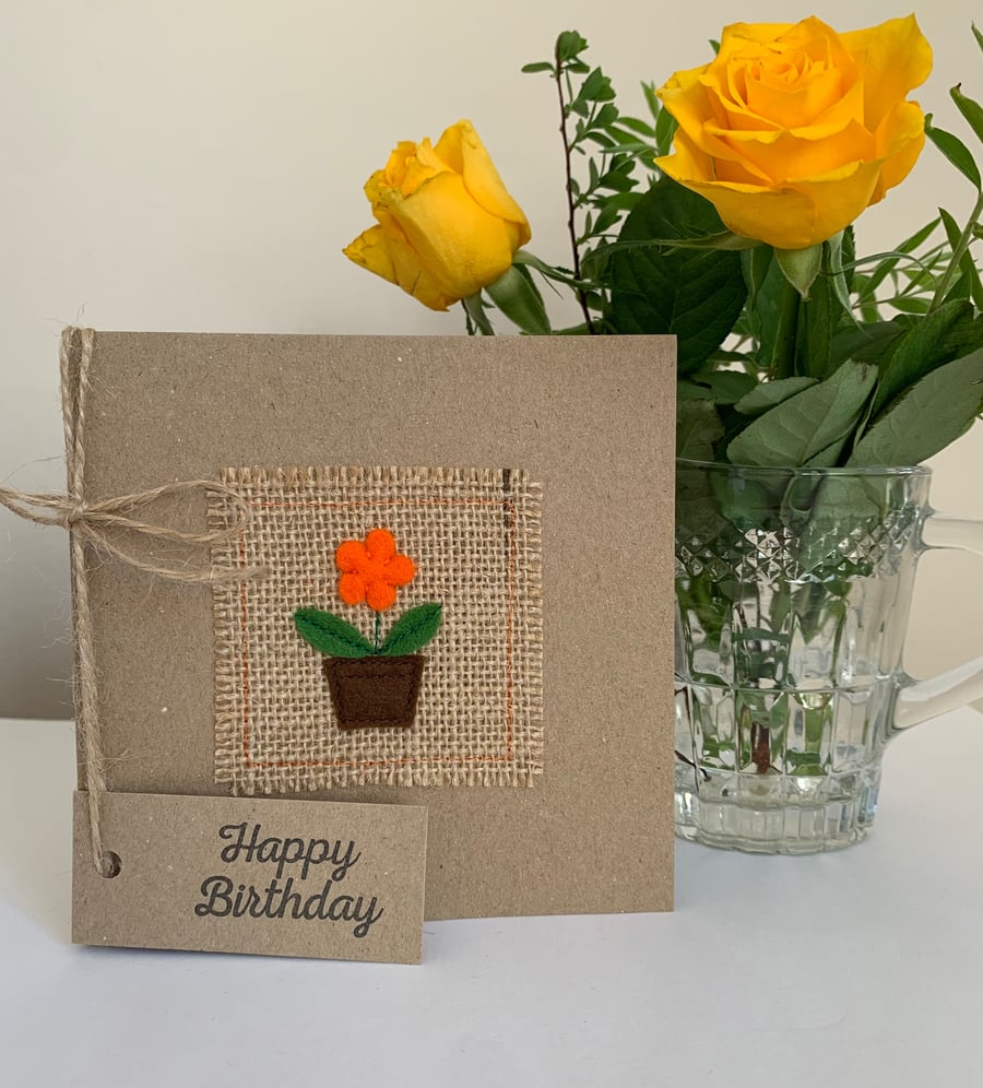 Birthday card. Bright orange potted flower. Wool felt. Handmade Card.