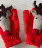 Hand Knitted Child's  Red Nose Reindeer Xmas Fingerless Gloves Approx 5-8 Years